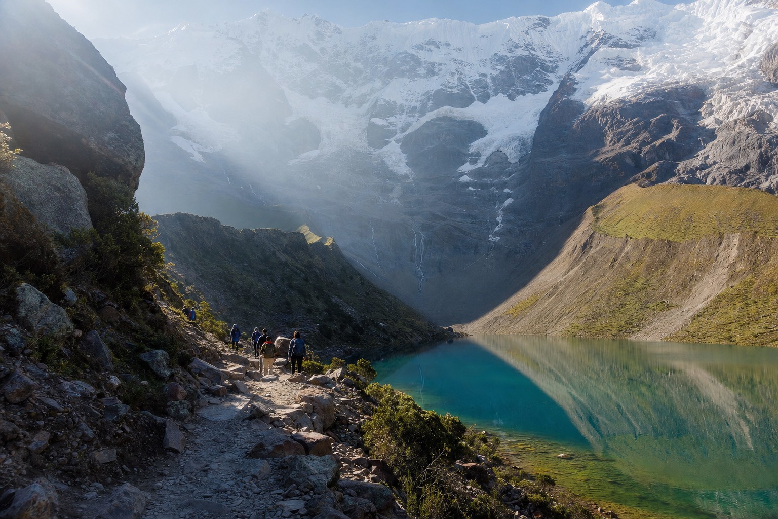 Quiet morning shore of Humantay Lake with a handful of hikers on the moraine before the crowds arrive