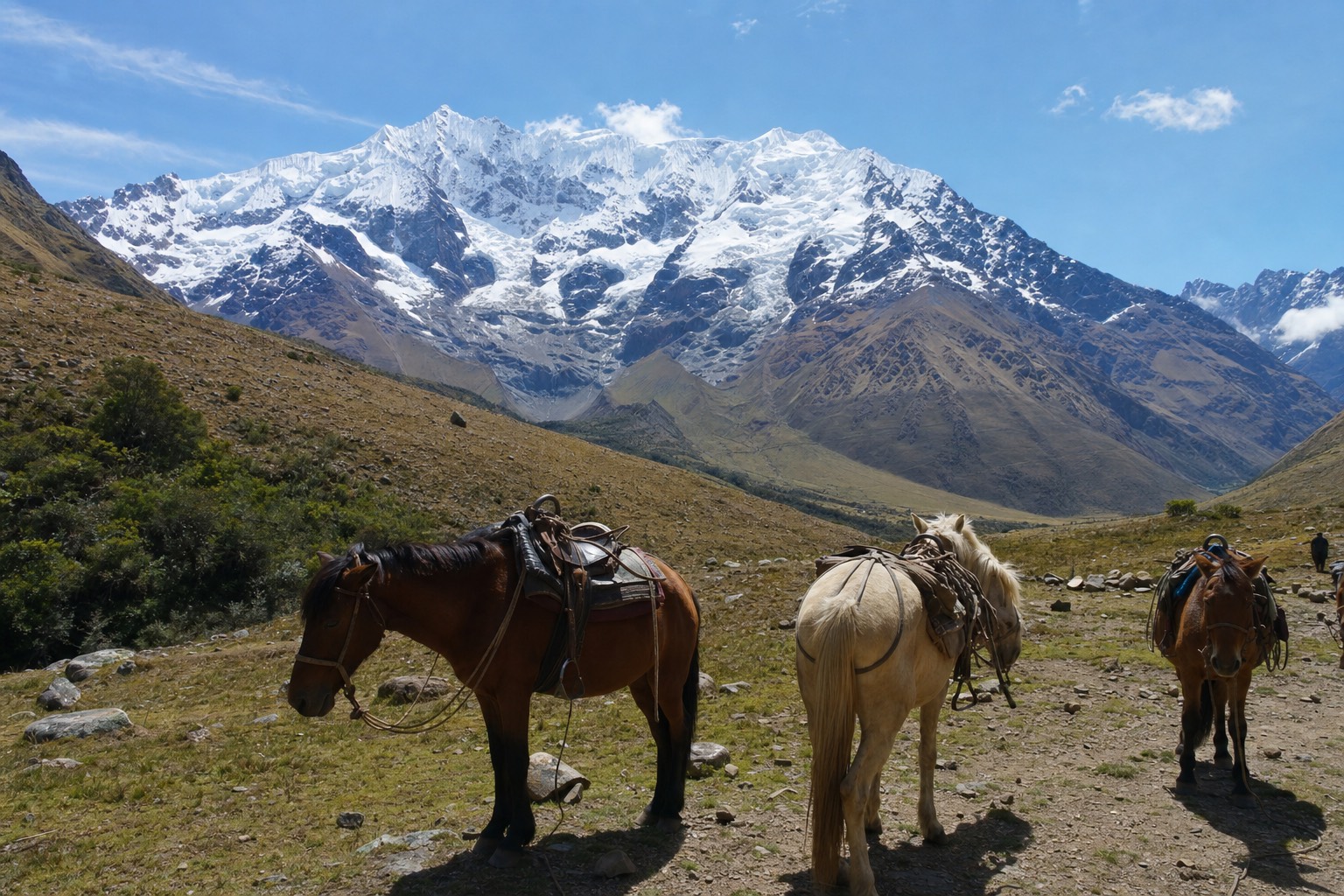 Local horsemen with saddled horses waiting at the Soraypampa trailhead below the peaks on the Humantay Lake trail