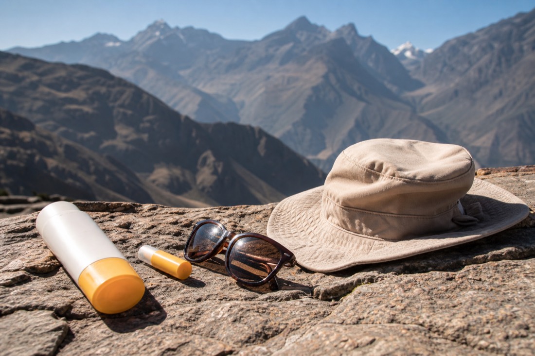 Sunscreen, SPF lip balm, sunglasses and a brimmed hat laid out on a stone in strong Andean light