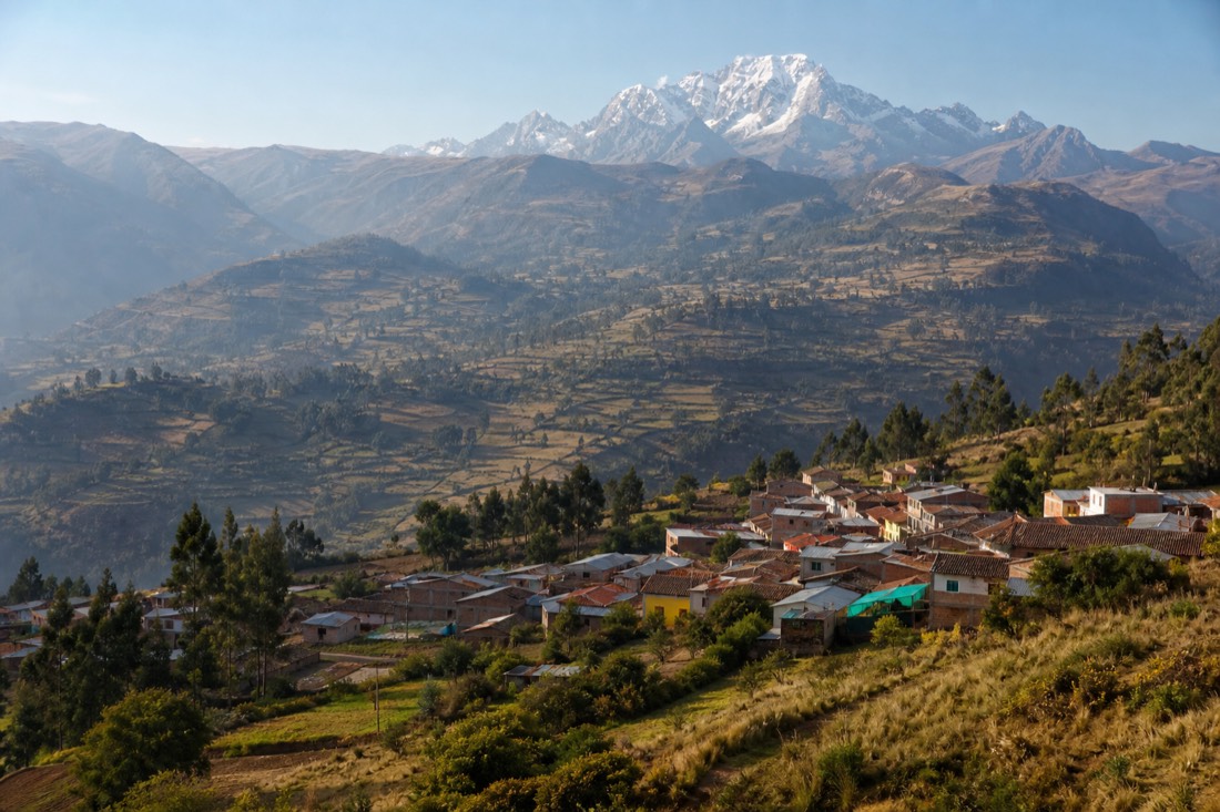 Small Andean town of Mollepata on a valley shelf at dawn with eucalyptus slopes and terraced fields below snow peaks, no people